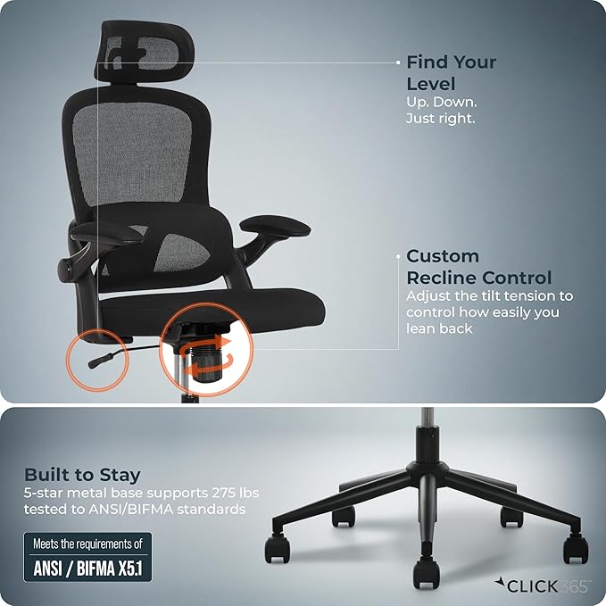 AeroCore M320 Ergonomic Office Chair, High Back Breathable Mesh Computer Chair with Lumbar Support, Adjustable Headrest & Tilt, Flip-Up Arms, 360° Swivel Home Office Desk Chair, Black