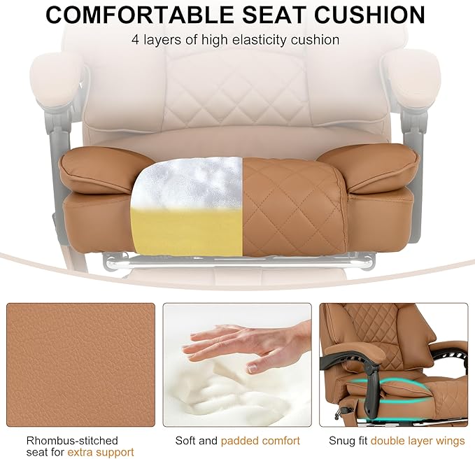 Kneading Massage Office Chair with Heated,90-135° Reclining Executive Office Chair with Footrest,Computer Desk Chair with Wheels,Diamond-Stitched Cushion Leather Office Chair,Brown