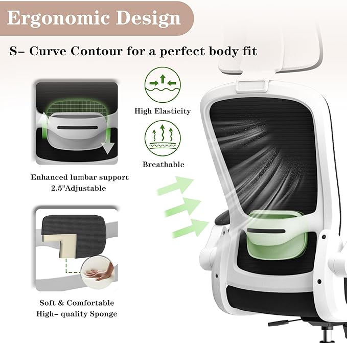Ergonomic Office Chair for Long Hours Sitting – Back & Neck Pain Relief, Adjustable Lumbar Support & Headrest, High-Density Foam Seat, Ideal for Work & Home Office, Black/White