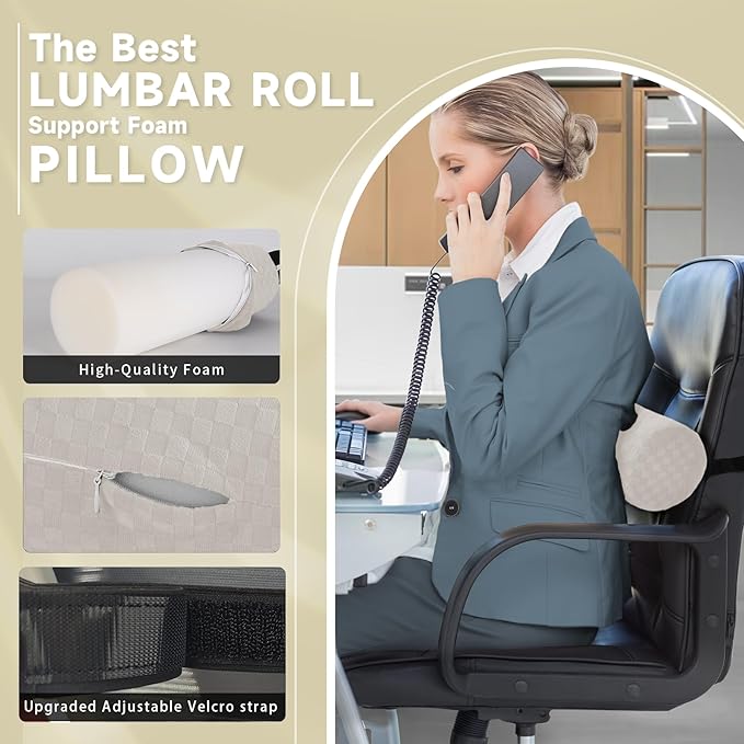 Lumbar Roll Pillow for Lower Back, Lumbar Support Foam Roll Cushion with Pillowcase and Upgraded Strap for Office, Chair, Car, Seat Pain Relief & Improving Posture (Cream, Short-11 * 4.3'')