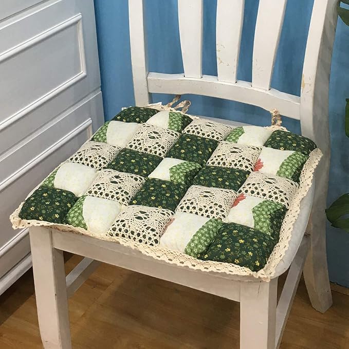 vctops Patchwork Chair Pad with Ties No Slip Lace Trim Chair Cushion Farmhouse Floral Print Kitchen Dining Seat Cushion (606 Green, 16"x16")