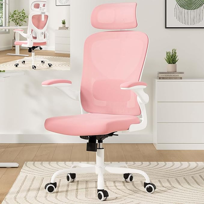 Ergonomic Mesh Office Chairs with Lumbar Support and Adjustable Headrest, High Back Comfortable Computer Desk Chair with Wheels and Armrests, Home Office Rolling Gaming Chair, Max Load 350 lbs (Pink)