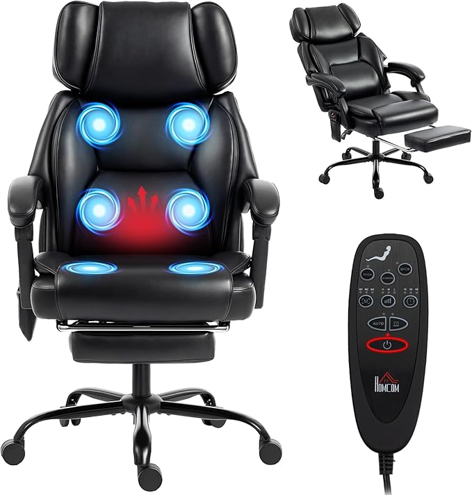 HOMCOM Massage Office Chair with Lumbar Heat, Ergonomic Executive Desk Chair with Adjustable Headrest, 6 Points Vibration, High Back, Reclining, Padded Armrests, Footrest, PU Leather, Black