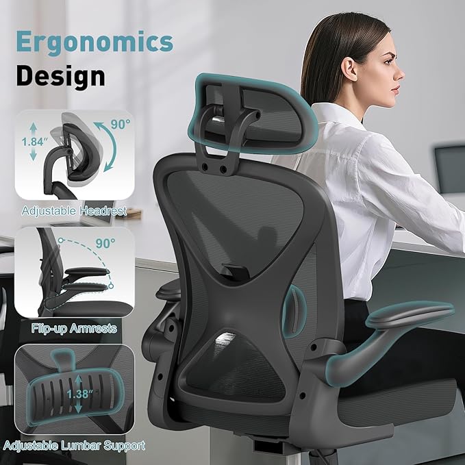 Ergonomic Mesh Office Chair, Home Computer Chair with Flip-Up Armrests, Adjustable Lumbar Support and Headrest, Height Adjustment, Smooth Casters, and 360° Swivel, 6PC, Black