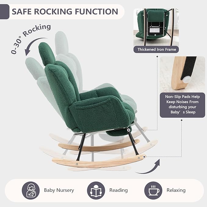 MINCETA Nursing Rocking Chair with Foot Rest, Modern Nursery Chair for Breastfeeding and Relaxing, Upholstered Glider with Head Support, High Back Ergonomic Design for Nursing Mom and Baby, Green