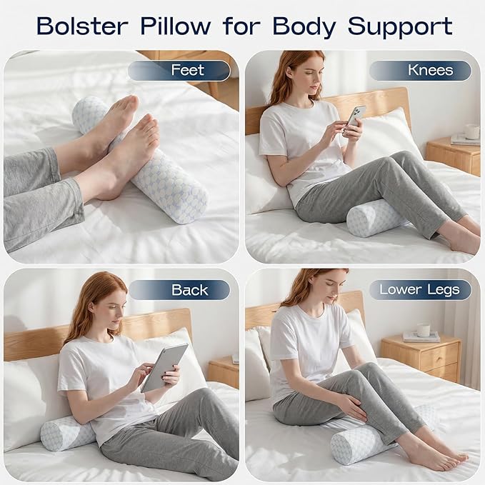 Neck Roll Pillow, Memory Foam Neck Support Pillows, Round Neck Pillows, Cylinder Bolster Pillows for Bed, Couch, and Yoga, Removable Washable Cover,18 * 4.1 * 4.1inch (Cool-Blue)