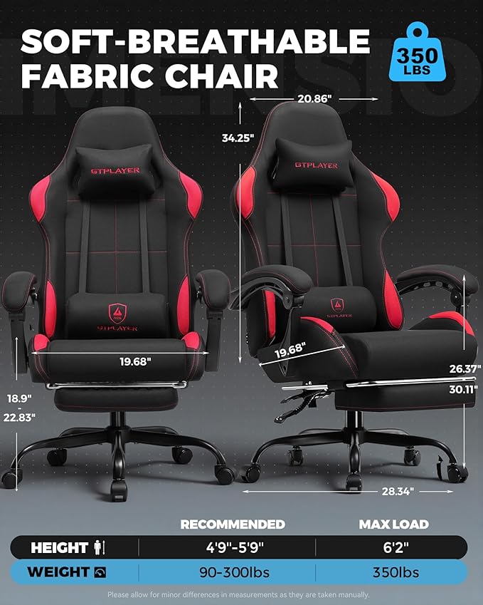 GTPLAYER Gaming Chair Fabric with Pocket Spring Cushion,Computer Office Chair with Lumbar Support for Adults Linkage Armrests and Footrest Ergonomic Gamings Chairs Height Adjustable RED