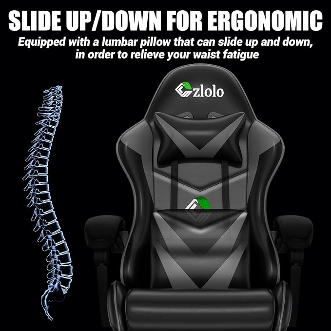 Czlolo Gaming Chair with Footrest Racing Style Lumbar Support Massager Video Game Chair with Metal Legs, High Back Reclining Gamer Chair with Headrest, 360° Swivel Office Computer Desk Chair (Gray)