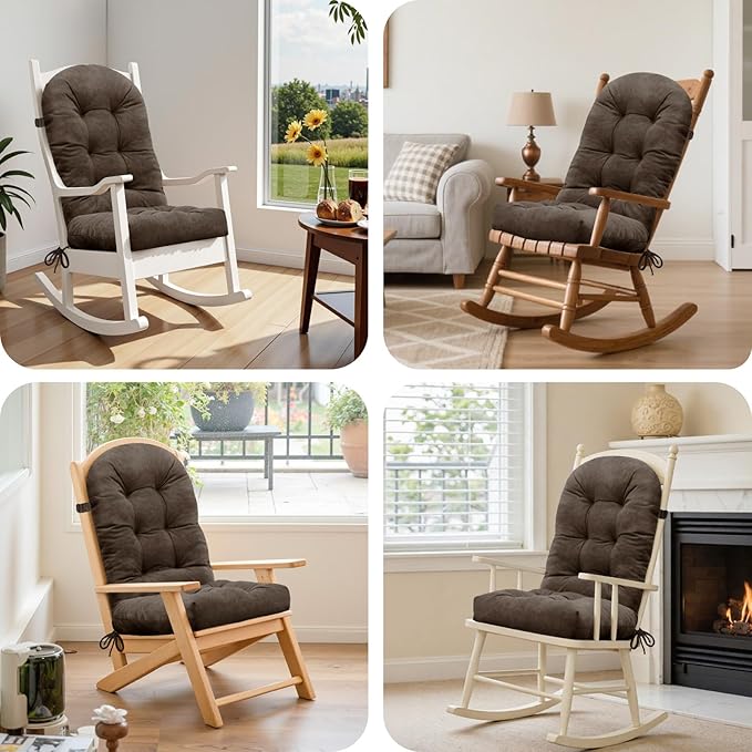 Rocking Chair Cushion - Velvet Fabric, High-Density Sponge, Durable Comfort Non-Slip Bottom Tufted Seat Pads with Ties, Velvet︱Chocolate Brown, 44x19x4 inch