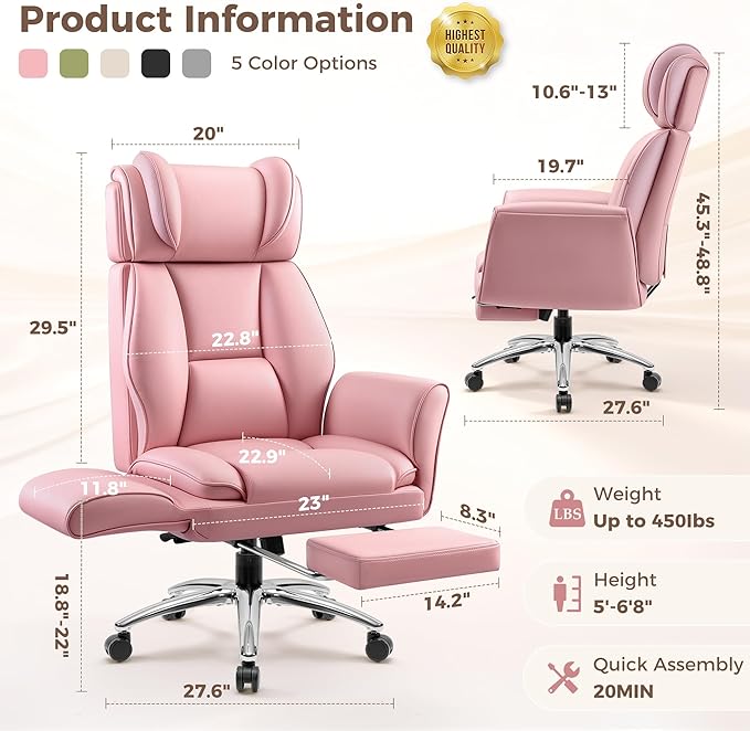 Big and Tall Office Chair, Flip Armrests for Cross Legged Sitting, Ergonomic Leather Executive Desk Chair with Foot Rest, High-Back Reclining Computer Chair for Office Home Game - Peach Pink