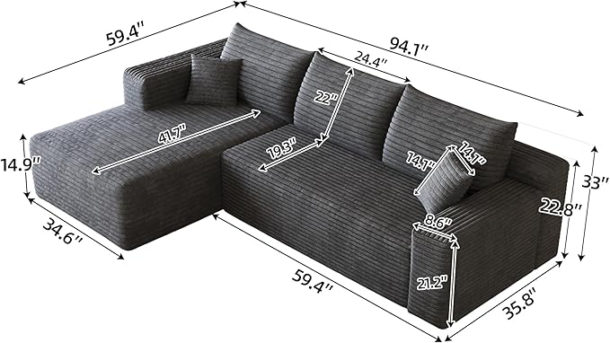 94" Darkgrey Boneless Couch with Left Facing Chaise for Living Room,Corduroy L-Shaped Sectional Couches,Compressed Memory Foam Cloud Sofa,No Assembly Required,Darkgrey