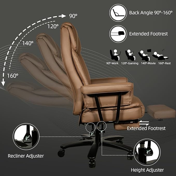 Reclining Office Chair with Footrest, Big and Tall High Back Home Office Desk Chairs 400lbs with Criss Cross Wide Seat, Heavy Duty Base, Pu Leather, Brown