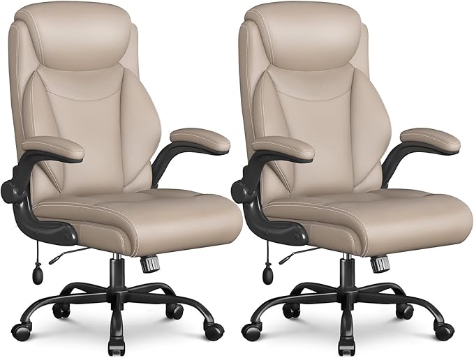 Ergonomic Office Chair, Home Desk Computer Chair, High Back Executive Chair，Padded Leather Ergonomic Computer Desk Chair with Inflatable Lumbar Support & Flip-Up Arms, Swivel Chair,Beige 2 Pack