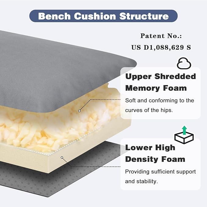 baibu 42Inch Outdoor Bench Cushion Waterproof, Bench Cushions for Outdoor Furniture, Dual-Layer Memory Foam atio Furniture Cushions, Porch Swing Seat Pad with Washable Cover & Ties, 42x16x3.5, Grey