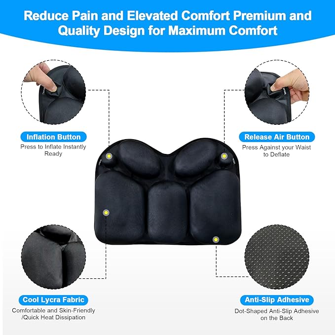 Lumbar Pillow with Air Pump, Travel Inflatable Pillow for Lumbar and Lower Back Pain Relief, Essential Lumbar Support Pillow for Airplane Travel, Car, Office Chair (Black)