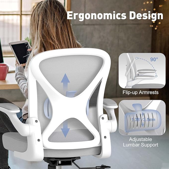 Ergonomic Office Chair Set of 6, Mesh Fabric Home Office Chairs with Adjustable Lumbar Support, Flip-Up Armrests, 90-120° Rocking, Adjustable Height and 360° Swivel, Grey