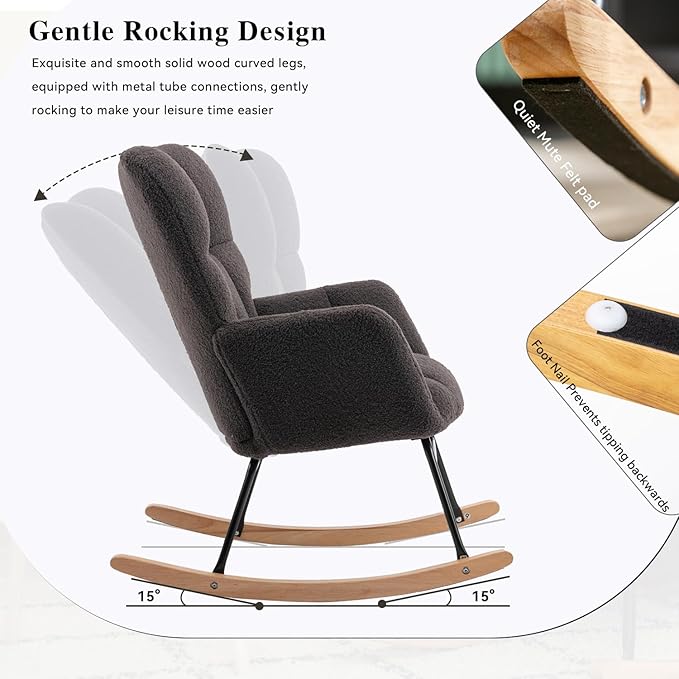 FOXHUNTER Rocking Chair Nursery Teddy Upholstered Glider Rocker High Backrest Nursery Rocker Comfortable Stylish Accent Armchair for Living Rooms Bedrooms Offices (Teddy Dark Gray)