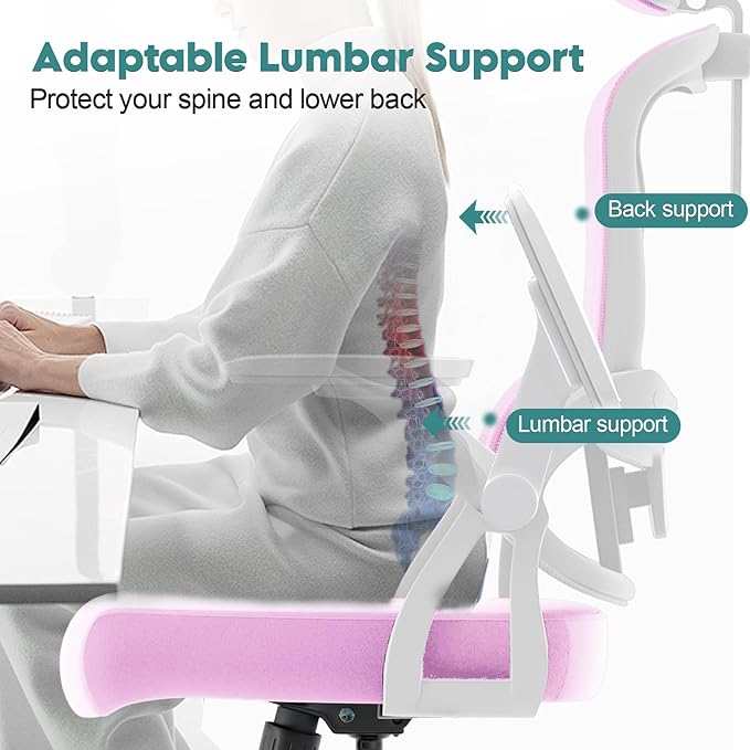350 LBS Ergonomic Office Computer Mesh Chair - Adjustable Height Rolling Desk Chair with Flip-Up Armrests & High Back Support - Comfortable Swivel Task Chair for Home Office (01PINK)