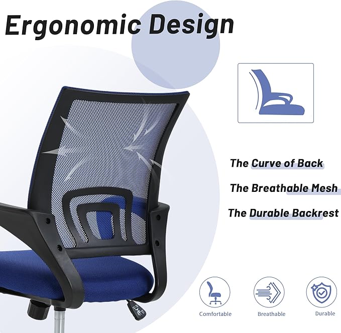 Office Chair,Mesh Office Chair with Arm and Wide Comfortable Seat,Ergonomic Desk Chair with Lumbar Support,Work Chairs for Home Office,Adjustable Rolling Office Chair,Blue