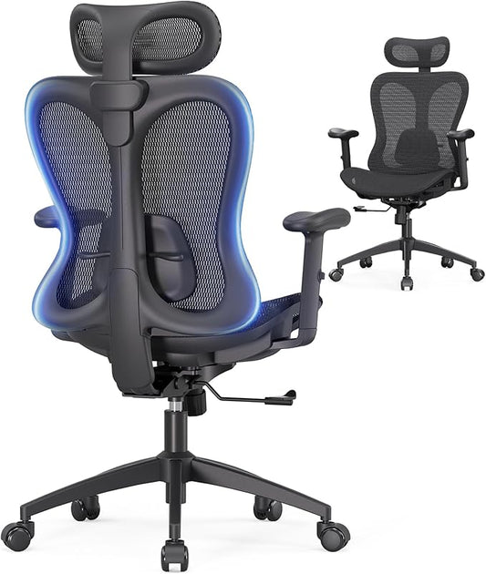 amseatec Ergonomic Office Desk Chair, Comfortable Computer Gaming Chair, Breathable Mesh Back & Seat, Adjustable Armrest & Headrest, Lumbar Support, Butterfly Design for Home Office (Black)