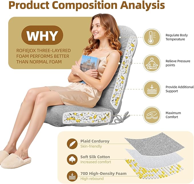 Rocking Chair Cushion - Lola Cotton-Linen Fabric, High-Density Sponge, Durable Comfort Non-Slip Bottom Tufted Seat Pads with Ties, Lola︱Ash Gray, 44x19x4 inch