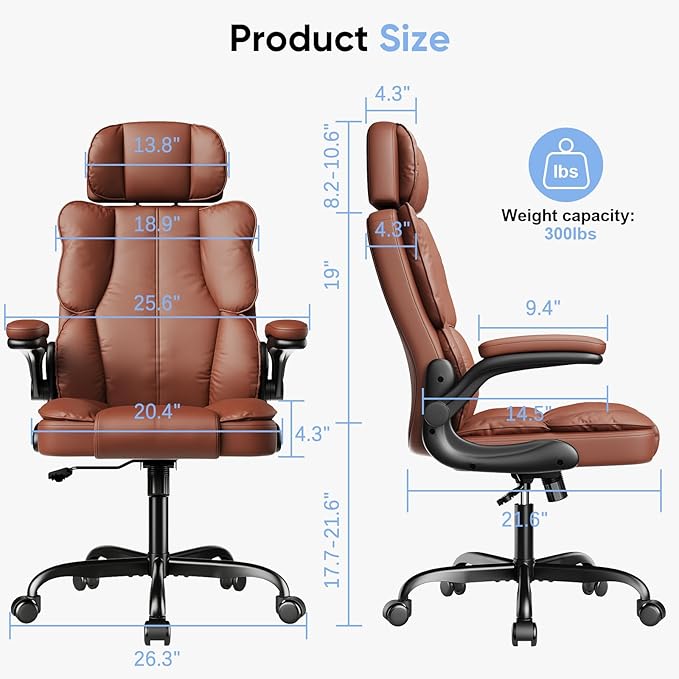 Kensaker Ergonomic Executive Office Chair with Adjustable Headrest & 90° Flip-Up Arms, High Back PU Leather Computer Desk Chair with 135° Rocking & Double Padding for Home Office Comfort, Brown