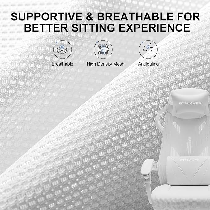 GTPLAYER Gaming Chair, Computer Chair with Mesh Back, Ergonomic Game Chair with Footrest, Reclining Game Chair with Adjustable Headrest and Lumbar Support for Gaming and Office (White)