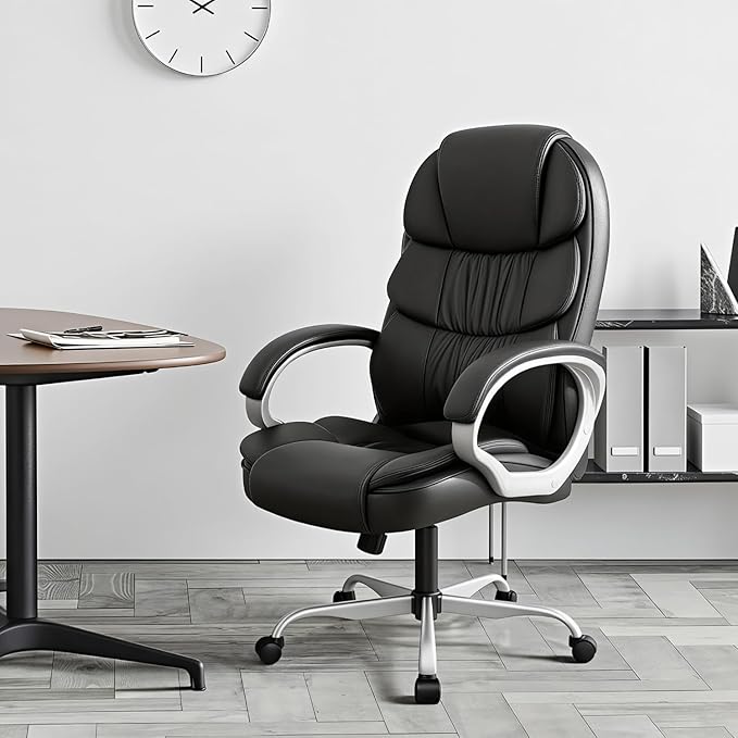 Furmax Leather High Back Office Chair Ergonomic Executive Office Chair Swivel Computer Desk Chair Lumbar Support Soft Cushioned Padded Arms (Ink Black)