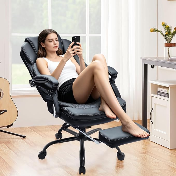 400lbs Reclining Office Desk Chairs with Footrest PU Leather Big Tall High Back Recliner Office Chairs with Wheels, Plus Size Managerial Executive Chair (Black)