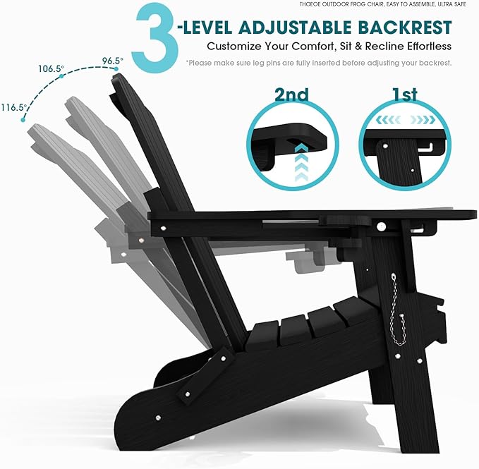THOEOE Adjustable Adirondack Chair with Retractable Ottoman, HDEP Folding Adirondack Chairs with Footrest 2-in-1 Cup Holder, All Weather Outoor Fire Pit Chair with Foot Rest Set 2 Black