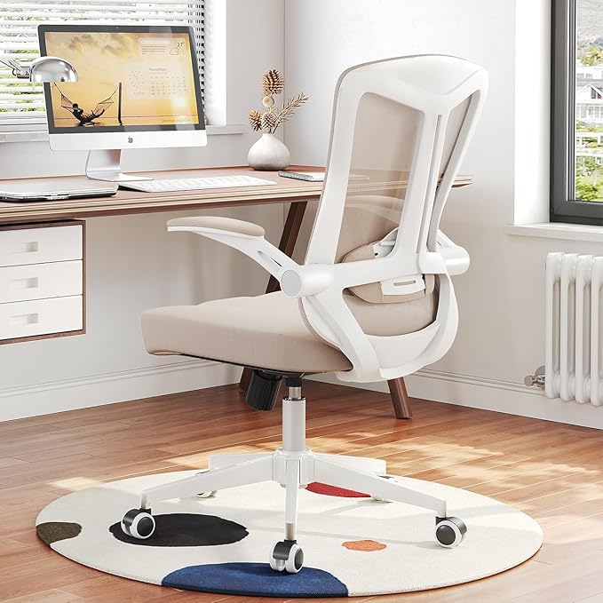 350 LBS Ergonomic Office Computer Mesh Chair - Adjustable Height Rolling Desk Chair with Flip-Up Armrests & High Back Support - Comfortable Swivel Task Chair for Home Office (02KHAKI)
