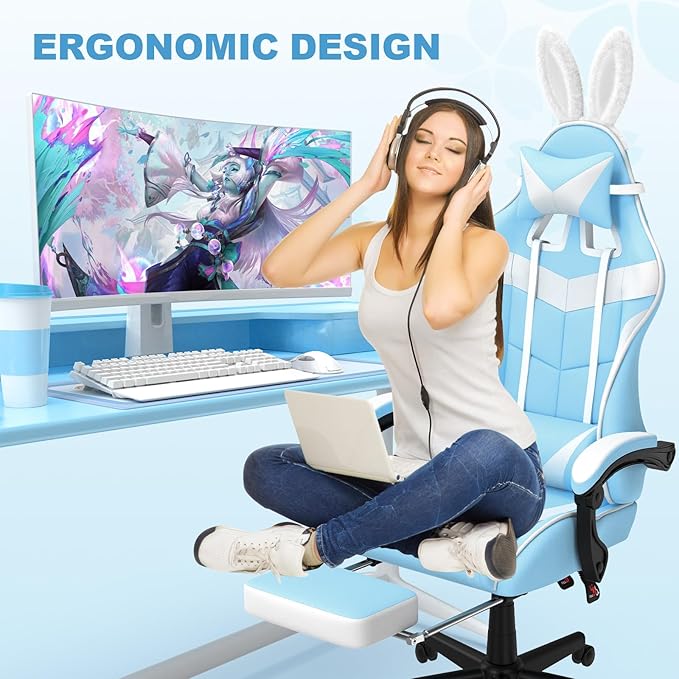 Soontrans Light Blue Gaming Chair with Footrest,Lovely Cute Bunny Computer Gamer Chair,Kawaii Desk Chair for Granddaughter,Sister,Girlfriend,Wife and Love