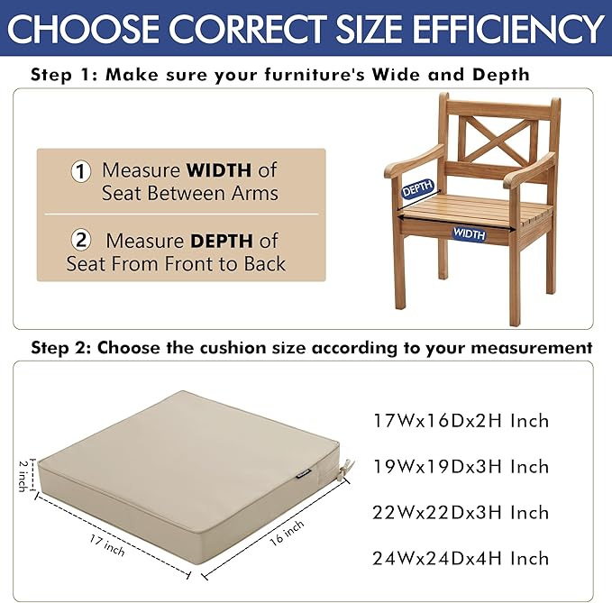 Outdoor Chair Cushions 16 x 17 Inch Water Resistant Patio Chair Cushions with Tie Color Fastness Thick Outdoor Seat Cushion for Garden Lawn Patio Furniture Cream Set of 2