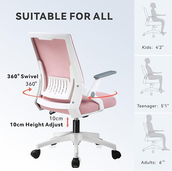 COMHOMA Office Chair with Flip-up Armrests Ergonomic Computer Desk Chair with Adaptive Lumbar Support & Breathable Mesh, Pink