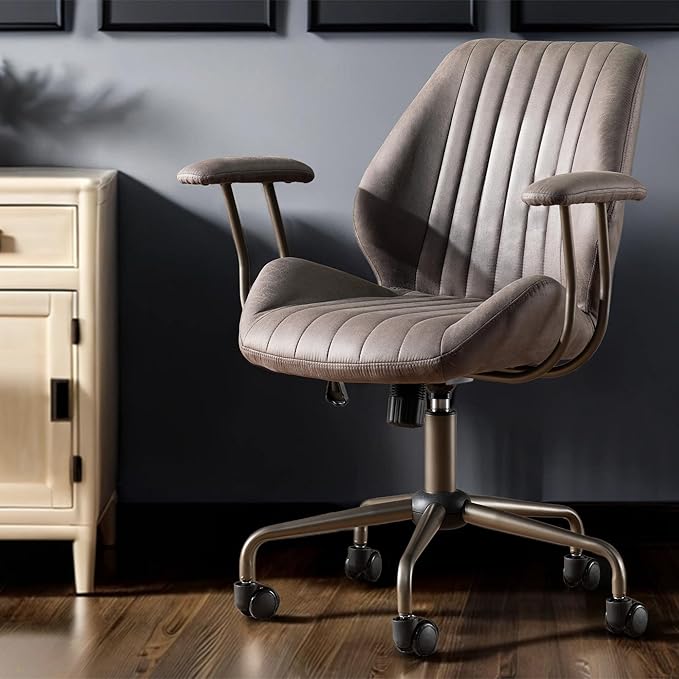 Mid Back Home Office Chair, Mid Century Modern Executive Chair, Comfy Ergonomic Rolling Office Desk Chair with Lumbar Support, Faux Leather Office Chair, Dark Gray