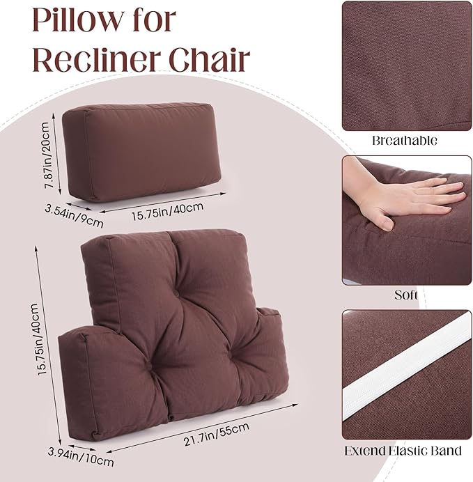 Novabright 2 Pcs Recliner Headrest Back Pillows for Back Support Pillow for Couch with Adjustable Recliners Pillow for Headrest for Chairs Sofa Couch and Bed(Brown)