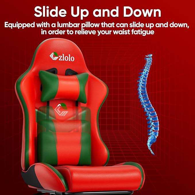 Czlolo Gaming Chair, Lumbar Support Massage Computer Chair, High Back Gamer Chair, with Footrest and Headrest, Lumbar Pillow, Recline, Wide Seat, Gaming Chairs for Christmas/Birthday Gifts, Red