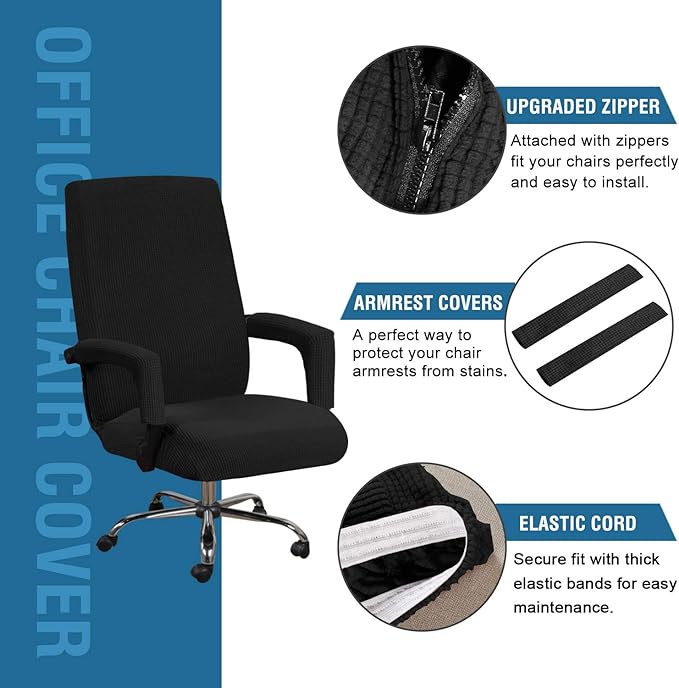 H.VERSAILTEX Home Office Chair Covers Stretchable Computer Desk Chair Covers Mid - High Back Universal Executive Boss Gaming Seat Cover Removable Machine Washable，Non Slip Thick Jacquard, Black- Large