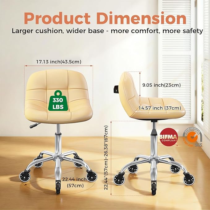 Rolling Stool Chair with Wheels, Height Adjustable Stool with Back Support, Office Drafting Chair with PU Leather Cushion for Home Office Kitchen Vanity Salon Garage Tattoo Dentist Esthetician(White)