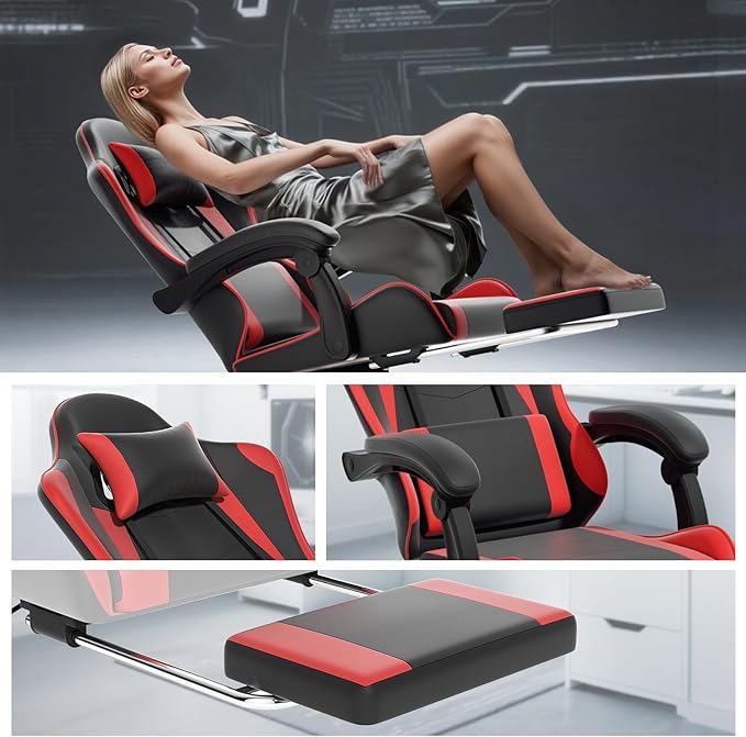 Athena Collection Ergonomic Gaming Chair with Footrest & Headrest Lumbar Support, Height Adjustable Swivel Office Chair Reclining Game Chair Leather High Back Computer Chair for Adults Kids, Red