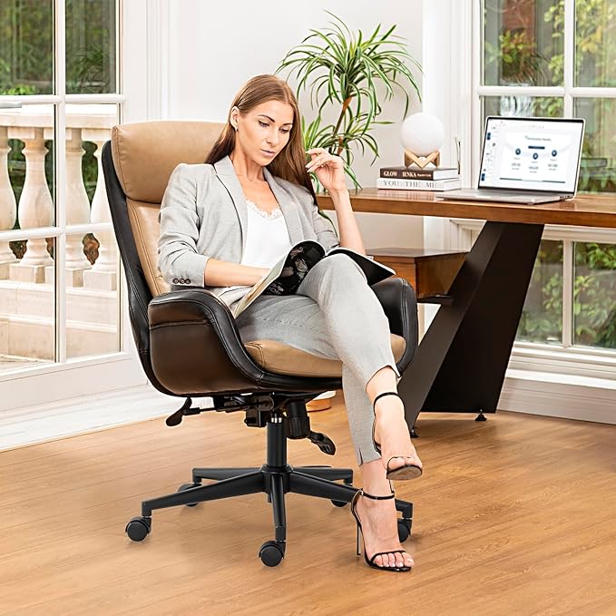 Glitzhome Mid-Century Modern Two-Tone Color High Back Leatherette Chairs Computer Desk Chair, Task Chair with Armrest Adjustable Gaslift Office Chair Executive Swivel Chair,Black & Camel