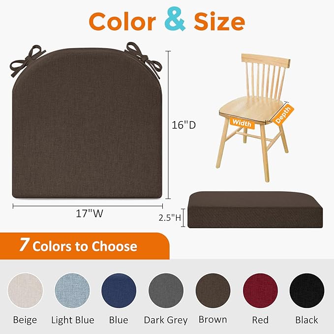 downluxe Chair Cushions for Dining Chairs, Memory Foam Linen Kitchen Chair Pads with Ties, Waterproof, Stain-Resistant and Washable Cover, 17" x 16" x 2.5", Brown, 4 Pack