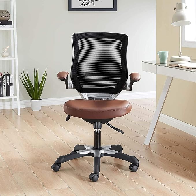 Modway Edge Mesh Back and White Vinyl Seat Office Chair With Flip-Up Arms - Computer Desks in Tan