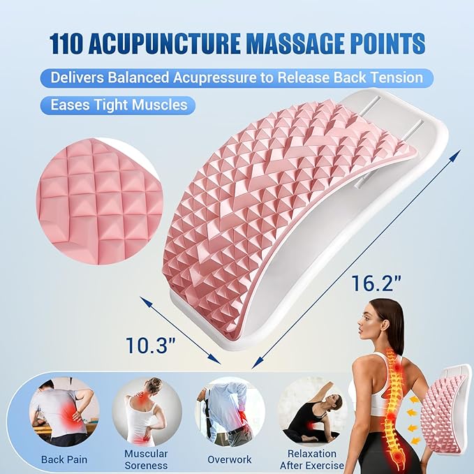 Back Stretcher for Lower Back Pain Relief, Adjustable Lumbar Support Board with Acupressure Points, Back Stretcher Board for Scoliosis, Spine Decompression Support(Pink)