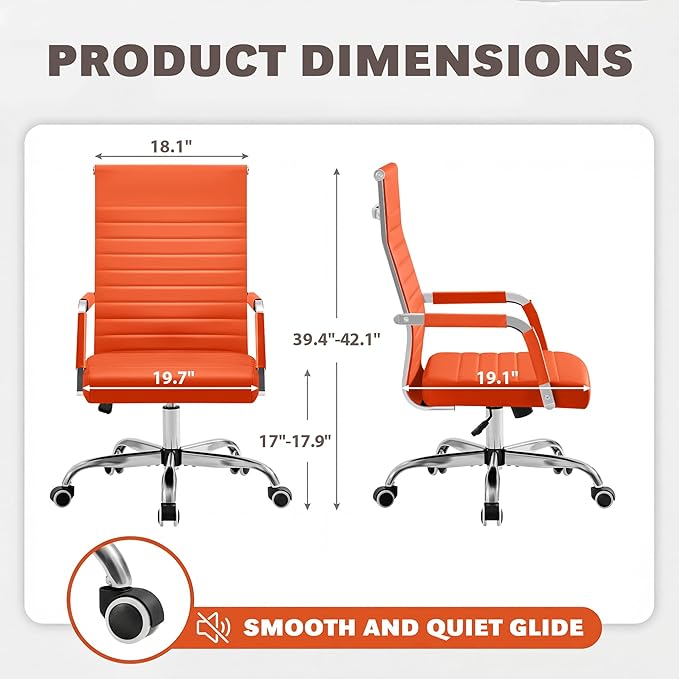 Furmax Ergonomic Office Desk Chair, Executive Ribbed Mid-Back PU Leather Conference Room Chair Adjustable Swivel Chair with Arms (2, Orange)