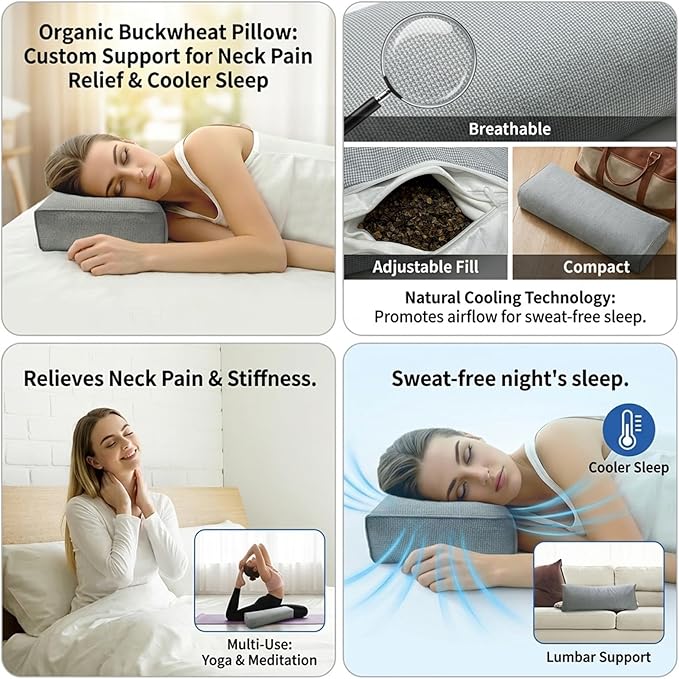 Buckwheat Pillow & Cervical Pillows for Sleeping (21x8x3inch) 100% Organic Coarse Cloth Package w Organic Buckwheat Hulls, Natural Cooling Technology and Relieve Cervical Pain. (C-Gray)