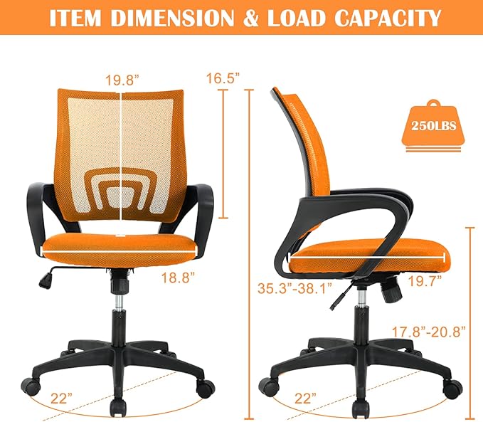 Office Chair, Desk Chair with Lumbar Support Arms, Adjustable Computer Chair with Breathable Mesh Backrest, Home Office Desk Chairs for Student, Adults, Study, Dorm, Comfortable Office Chair(Orange)