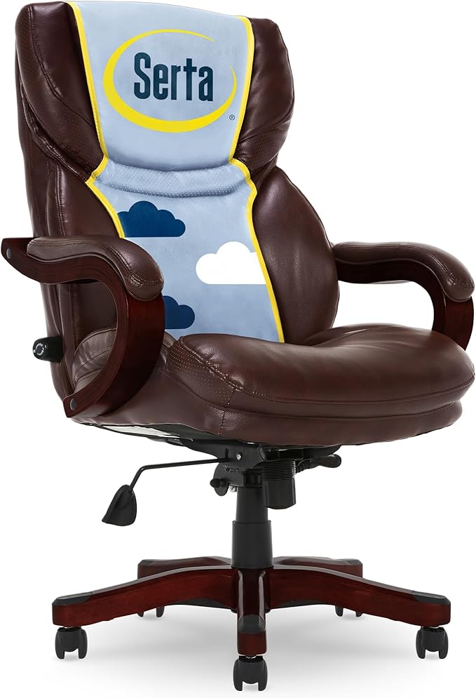 Serta Conway Big & Tall Executive Office Chair, Ergonomic High-Back with Adjustable Lumbar, Semi Plush Cushion and Body Pillows, Padded Armrests, Wooden Swivel Base, Bonded Leather, Chestnut Brown