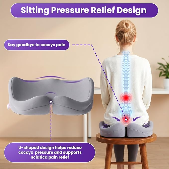 ZZ-WELL Seat Cushions for Office Chairs - Patented Extra Large Seat Cushion 21.2" W x 16.5" L - Memory Foam Seat Cushion for Tailbone Pain Relief, Sitting Pressure Relief (Light Grey)