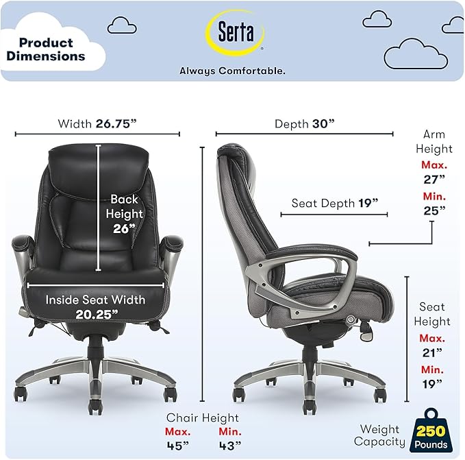 Serta Lautner Executive Home Office Desk Chair, Ergonomic High-Back with Adjustable Lumbar and Body Pillows, SmartLayers and ComfortCoils Technology, Mesh and Bonded Leather, Black and Gray